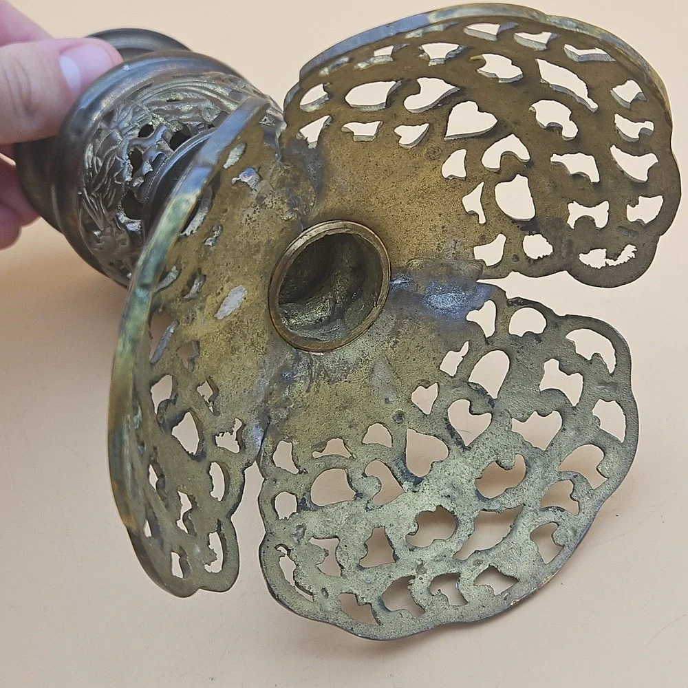 Vintage Chinese Asian Pricket Candle Holder Brass Metal Open Lattice Designs